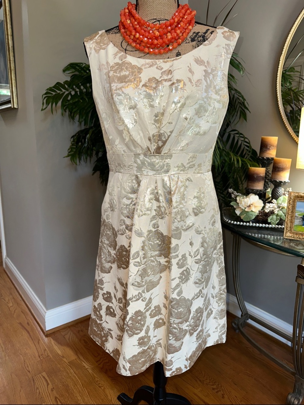 kate spade Cream and Gold Floral Midi Dress with Metallic Jacquard size 8 ♠️